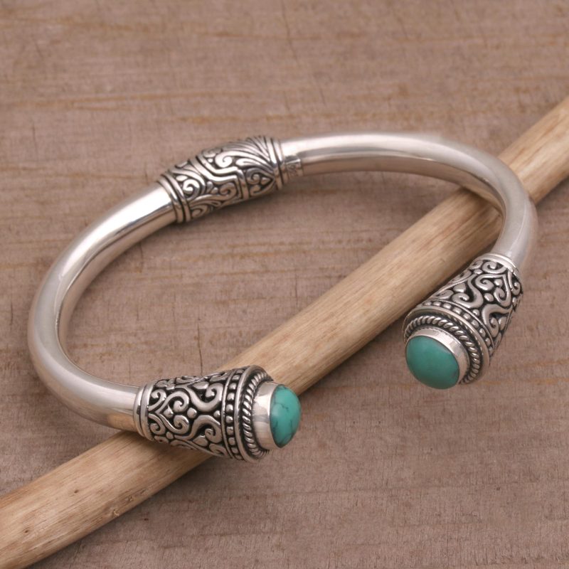 Turquoise and Sterling Silver Cuff Bracelet from Bali, "Petal Temple"