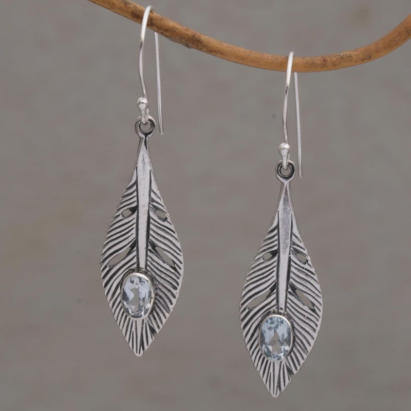 Blue Topaz Feather Dangle Earrings from Bali, "Glittering Feathers"