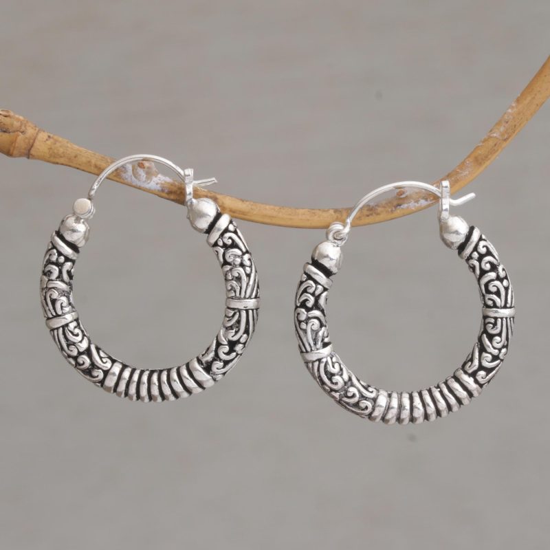 Artisan Crafted Sterling Silver Hoop Earrings from Bali, "Lightweight Feeling"