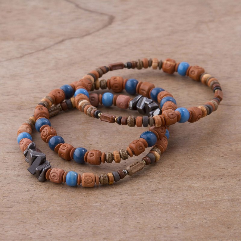 Three Hematite and Ceramic Beaded Bracelets in Earth Tones, "Andean Eyes"