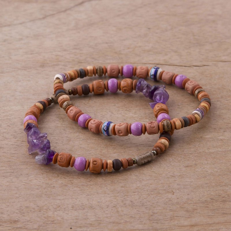 Two Amethyst and Ceramic Beaded Stretch Bracelets from Peru, "Andean Joy"