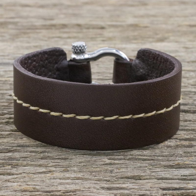 Women's Stylish Brown Leather Bracelet with Shackle Clasp, "Rustic Femme"