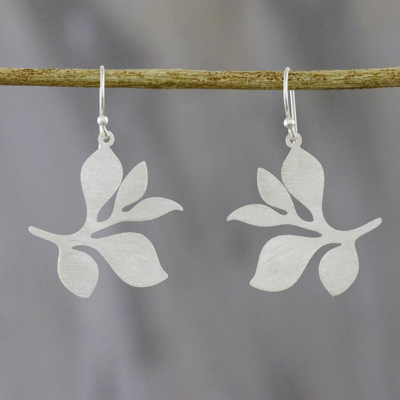 Leafy Sterling Silver Dangle Earrings from Thailand, "Snowy Leaves"