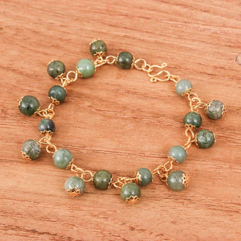 18K Gold Plated Jade Link Bracelet with Hook Clasp, "Jade Deluxe"