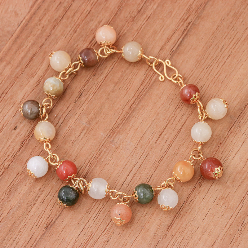18K Gold Plated Jade Quartz Link Bracelet with Hook Clasp, "Sweet Jade"