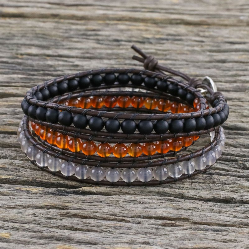 Unisex Leather and Multi-Gemstone Beaded Wrap Bracelet, "Sunset Wanderlust"