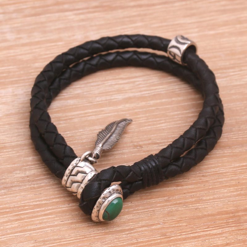 Turquoise and Leather Braided Wristband Bracelet from Bali, "Feather of Bravery"