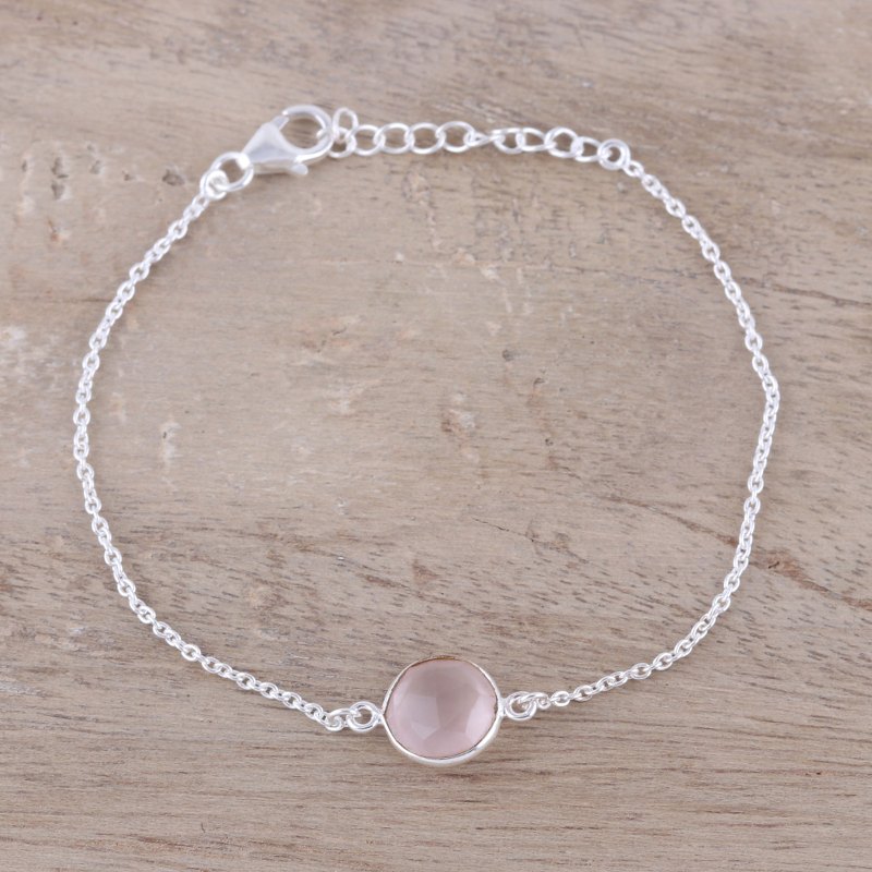 Adjustable Rose Quartz Pendant Bracelet from India, "Pink Night"