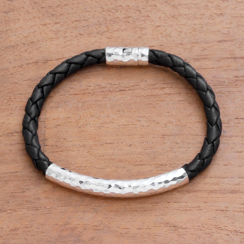 p345359_2_800.jpg Sterling Silver and Leather Braided Pendant Bracelet, "Soul Gleam"