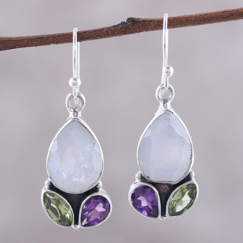 14-Carat Multi-Gemstone Dangle Earrings from India, "Dazzling Fusion"