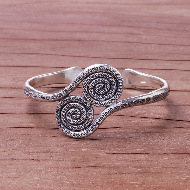 950 Silver Hill Tribe Spiral Cuff Bracelet from Thailand, "Silver Spirals"