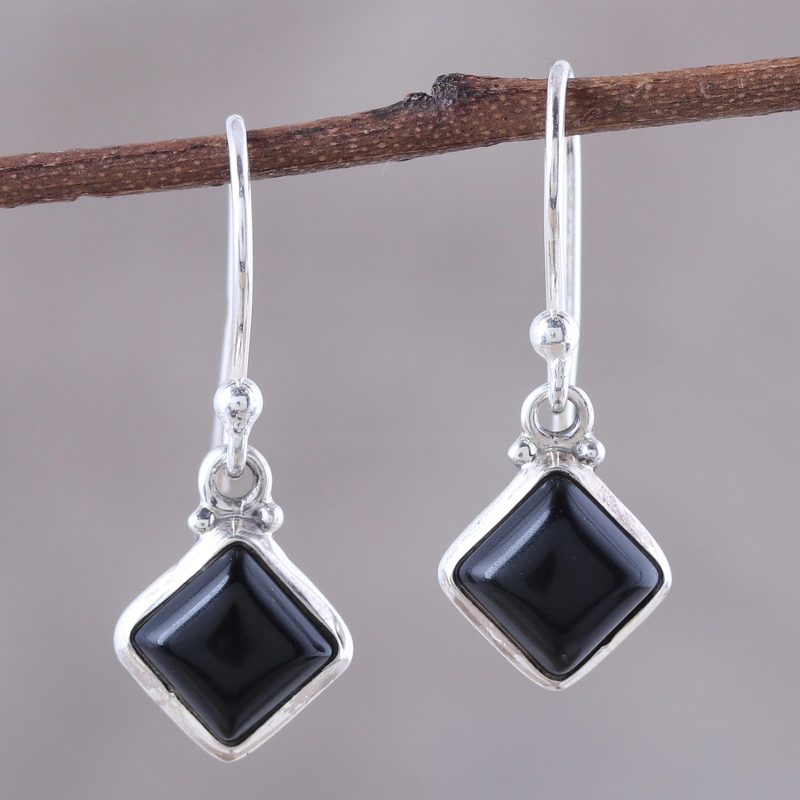 Square Onyx Dangle Earrings Crafted in India, "Happy Kites in Black"
