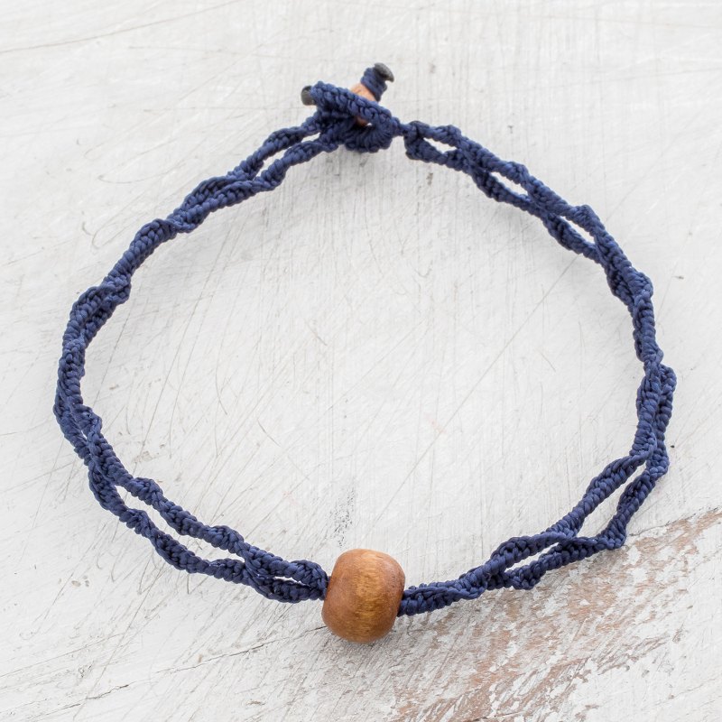 Wood Macrame Pendant Bracelet in Indigo from Guatemala, "Elegant Indigo Stairs"