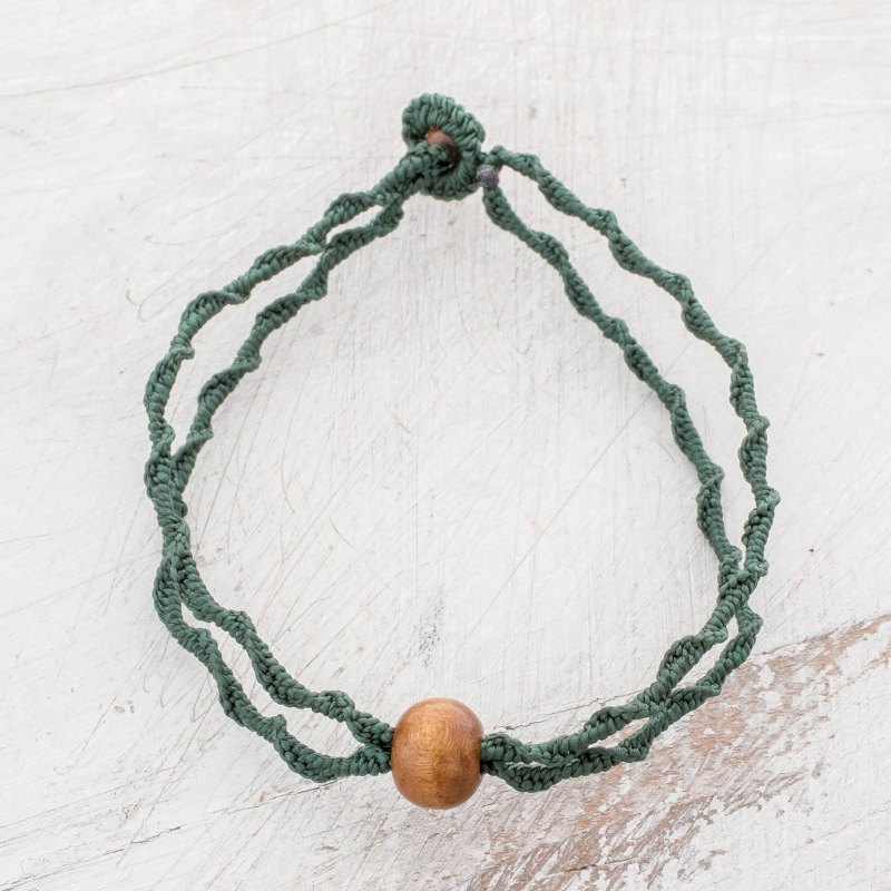 Wood Pendant Tatted Bracelet in Viridian from Guatemala, "Elegant Viridian Green Stairs"
