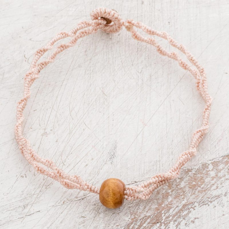 Wood Macrame Pendant Bracelet in Ecru from Guatemala, "Elegant Ecru Stairs"