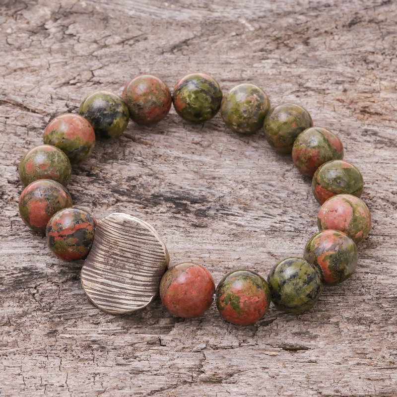 Unakite Beaded Stretch Pendant Bracelet from Thailand, "Natural Mind"