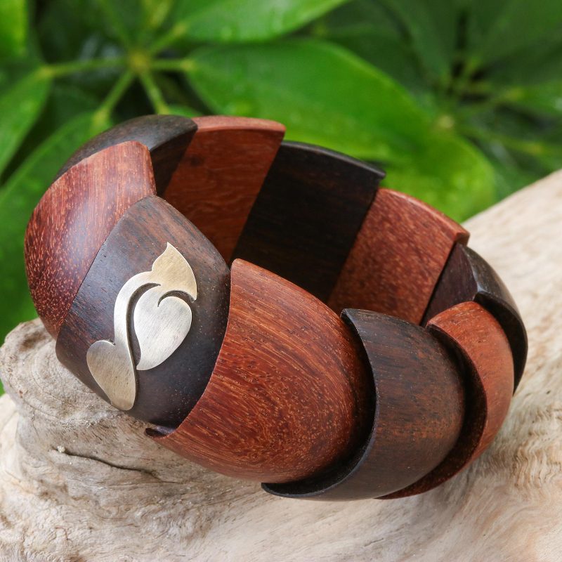 Wood and Sterling Silver Stretch Bracelet from Thailand, "Natural Scales"
