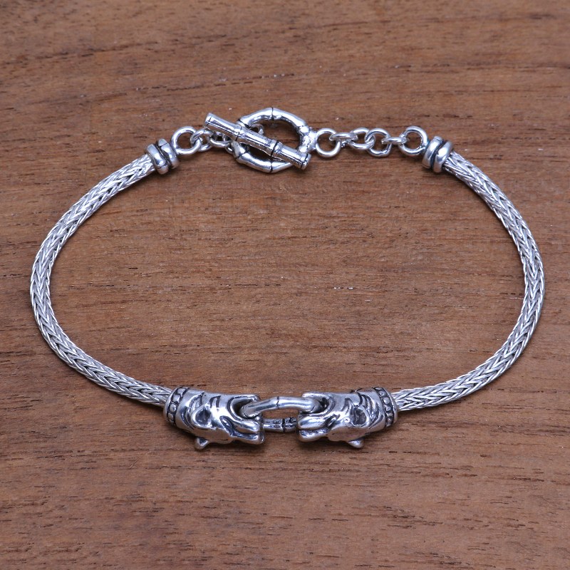 Tiger-Themed Sterling Silver Pendant Bracelet from Bali, "Spiritual Tiger"