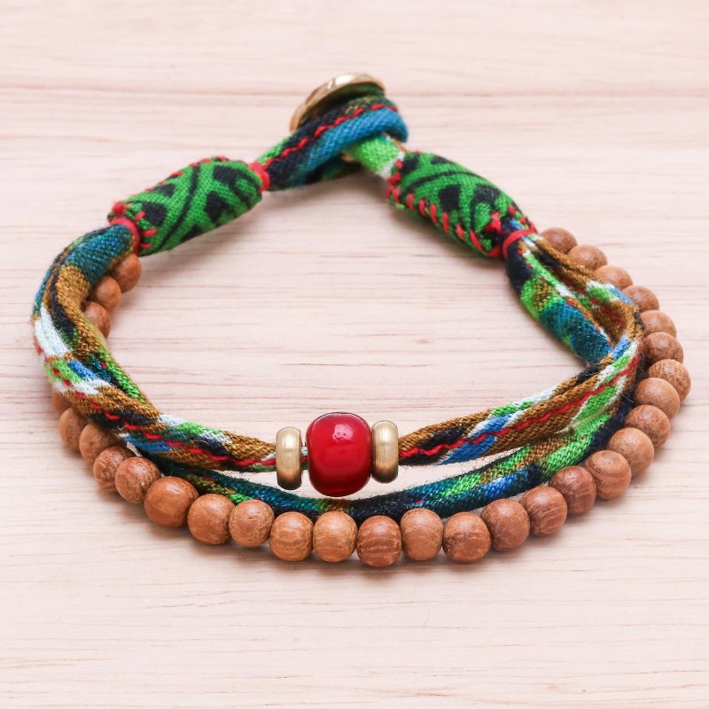 Wood and Cotton Beaded Strand Bracelet from Thailand, "Intricate Appeal"