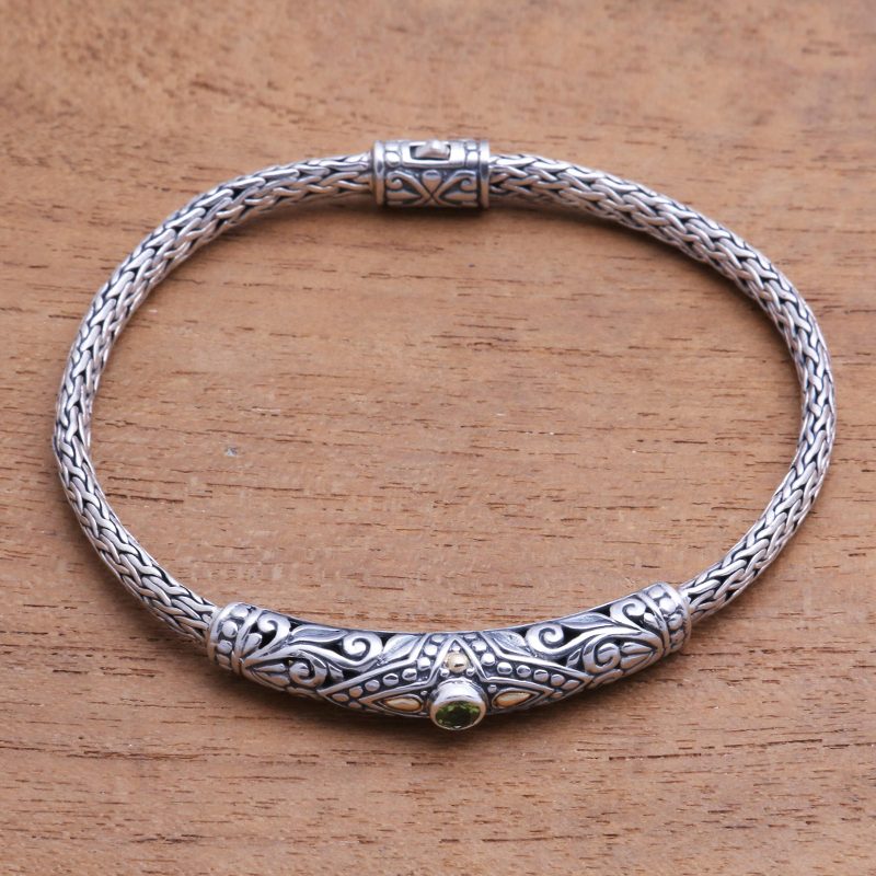 18k Gold-Accented Peridot Pendant Bracelet from Bali, "Single Eye"