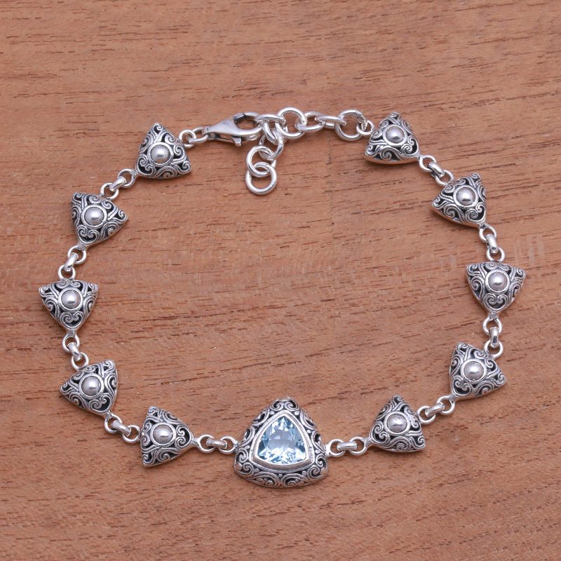 Triangular Blue Topaz Pendant Bracelet from Bali, "Triangle of Swirls"