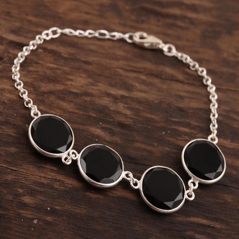 24-Carat Black Onyx Link Bracelet from India, "Dazzling Glisten"