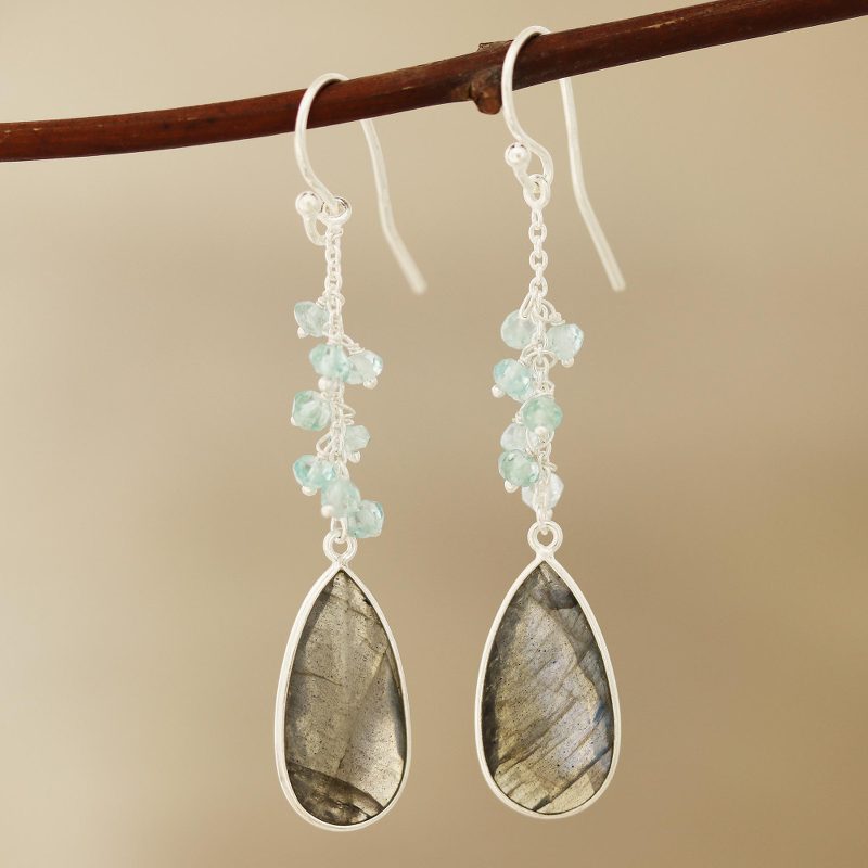 12-Carat Labradorite and Blue Topaz Dangle Earrings, "Late Sky"