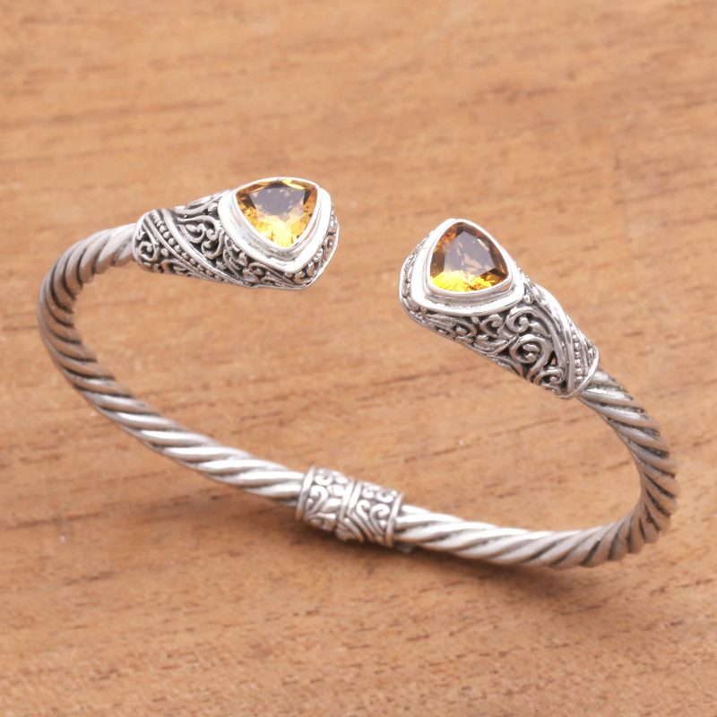 Triangular Citrine Cuff Bracelet Crafted in Bali, "Triangular Glitter"