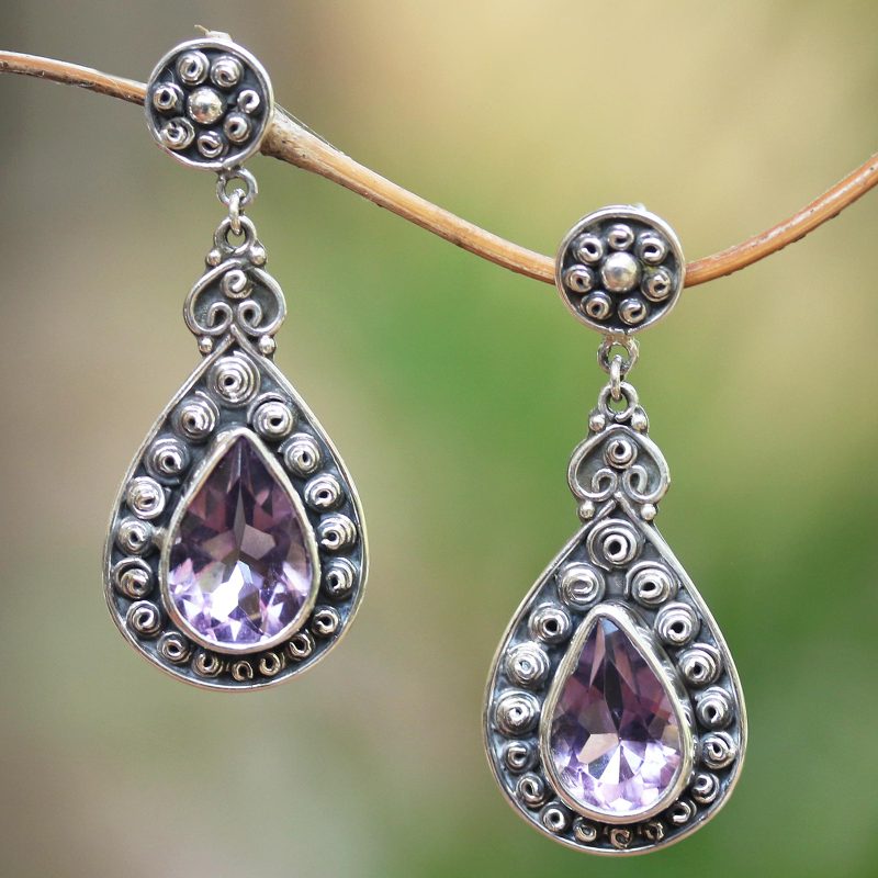 10-Carat Amethyst Dangle Earrings from Java, "Royal Tears"