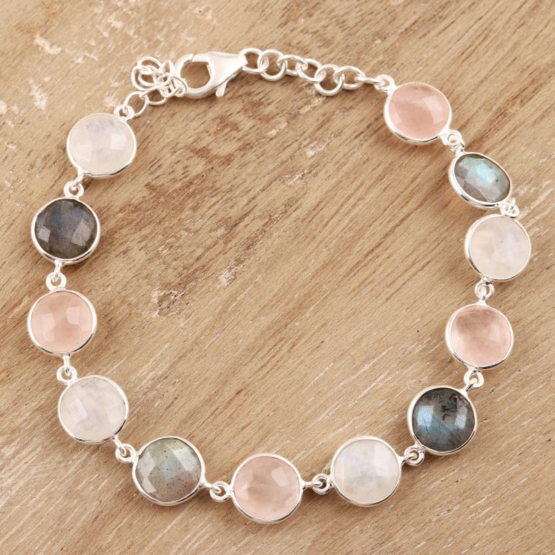 24-Carat Multi-Gemstone Link Bracelet in Pink from India, "Soft Round Glitter"