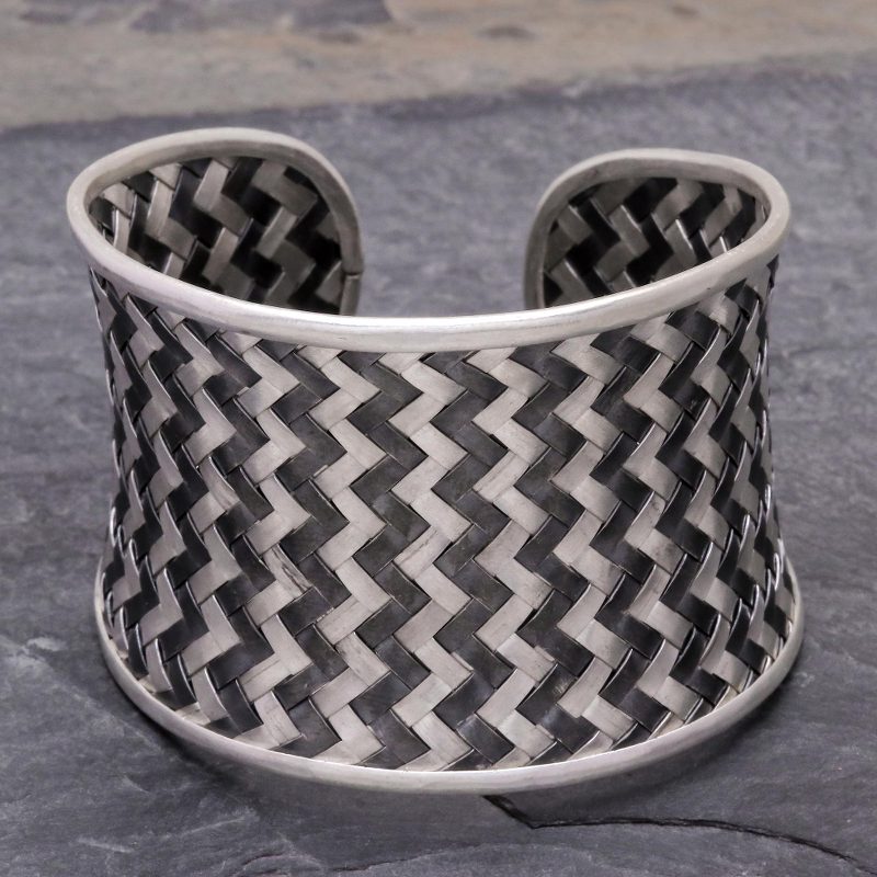 Woven 950 Silver Cuff Bracelet from Thailand, "Dark Path"