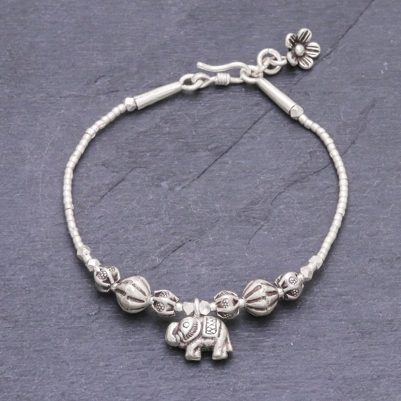 950 Silver Link Bracelet with Elephant Charm from Thailand, "Elephant Amulet"