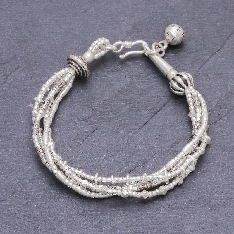 950 Silver Beaded Bracelet with Stamped Charm from Thailand, "Karen with a Twist"