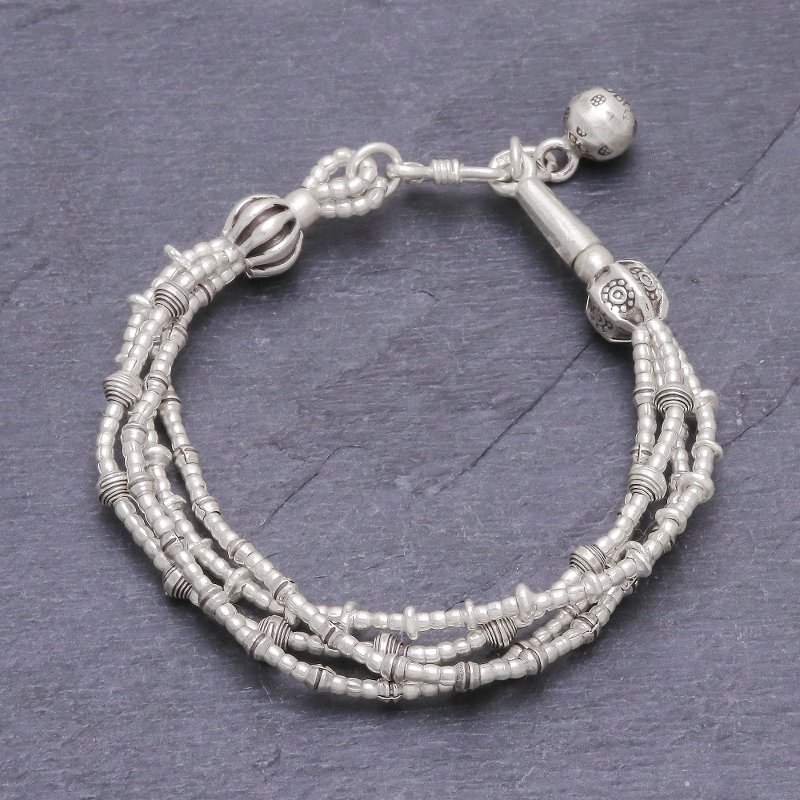 950 Silver Beaded Bracelet with Stamped Charm from Thailand, "Lively Karen"