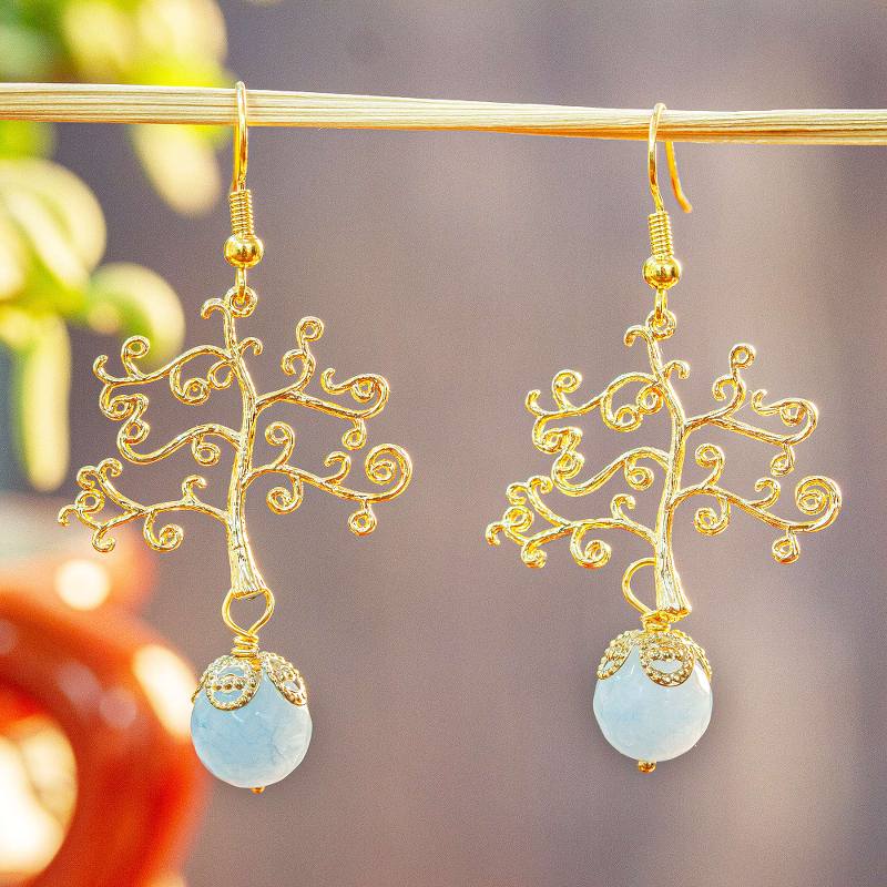 14k Gold-Plated Agate Dangle Earrings from Mexico, "Tree Of Life"