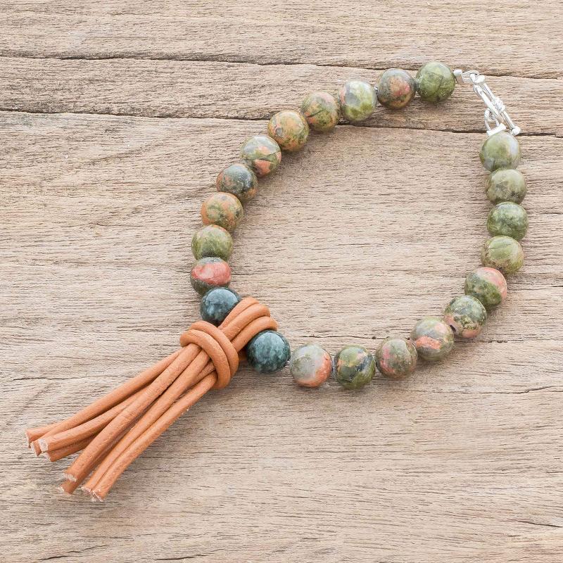 Unakite And Green Jade Beaded Bracelet From Mexico, "Mayan Visions"