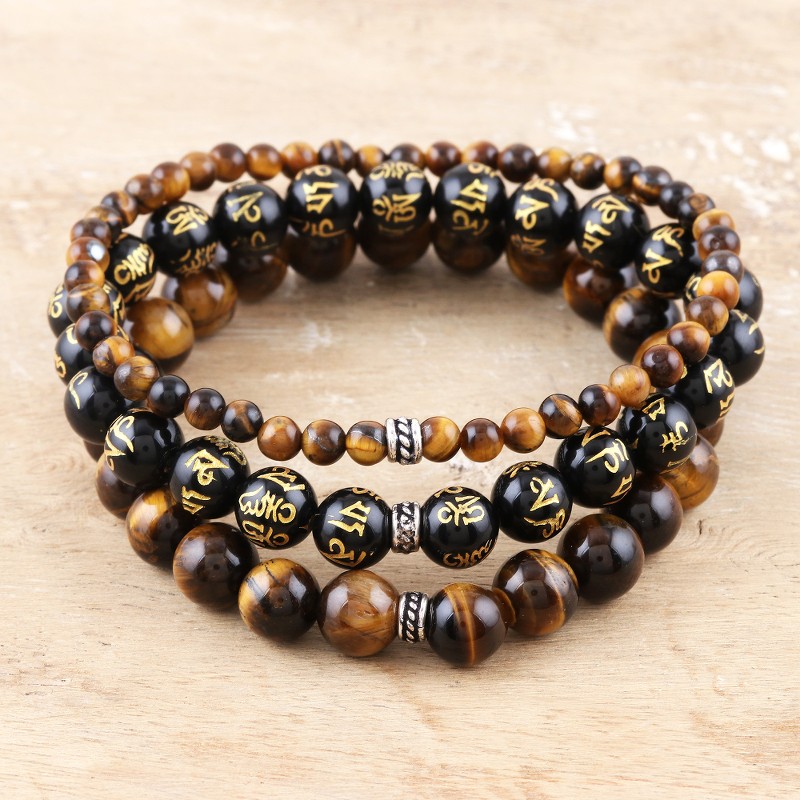 Tiger's Eye and Onyx Beaded Stretch Bracelet (Set of 3), "Healing Trio"