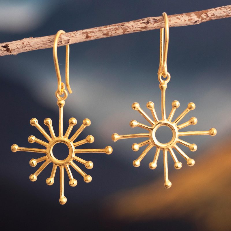 18K Gold Plated Sterling Silver Sun Motif Earrings From Peru, "Geometric Sun"
