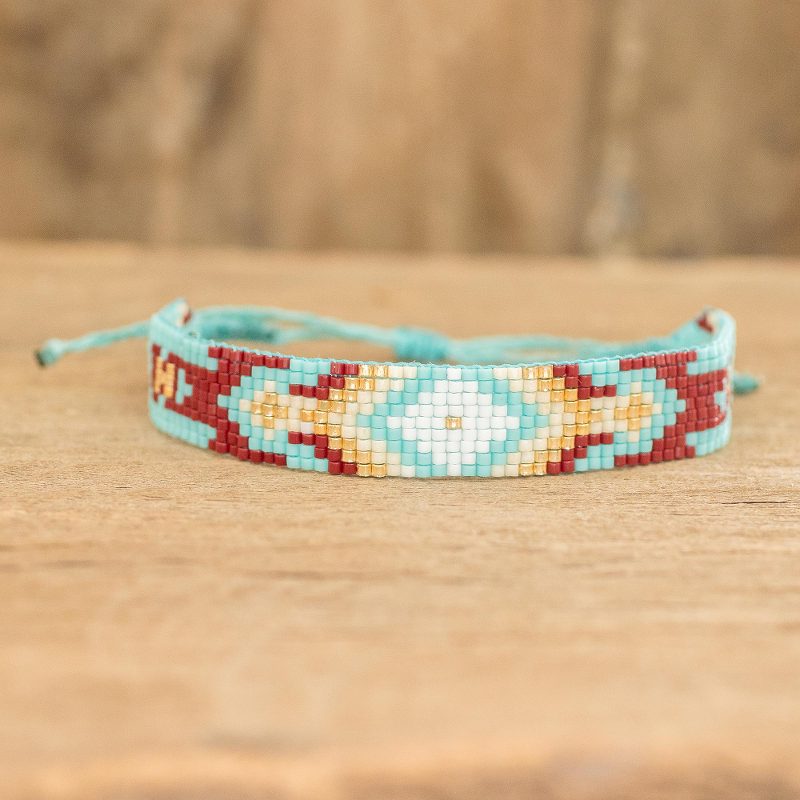 Turquoise Red and Yellow Diamond Patterned Wristband, "Bohemian Diamond"