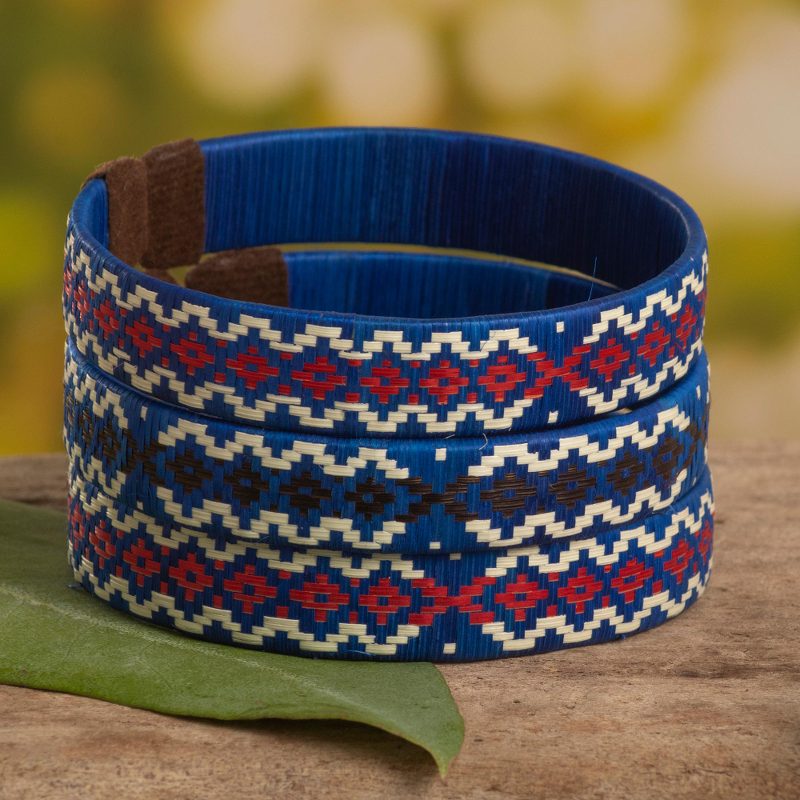 3 Blue Cuff Bracelets Woven with Colombian Cane Fiber, "Azure Colombian Geometry"