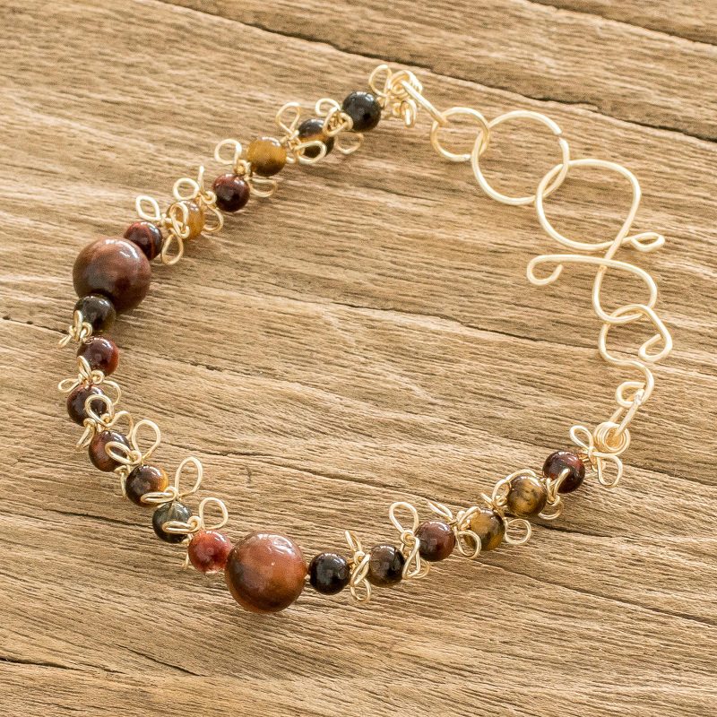 Tiger's Eye and Agate Beaded Bracelet with Intricate Clasp, "Costa Tiger"