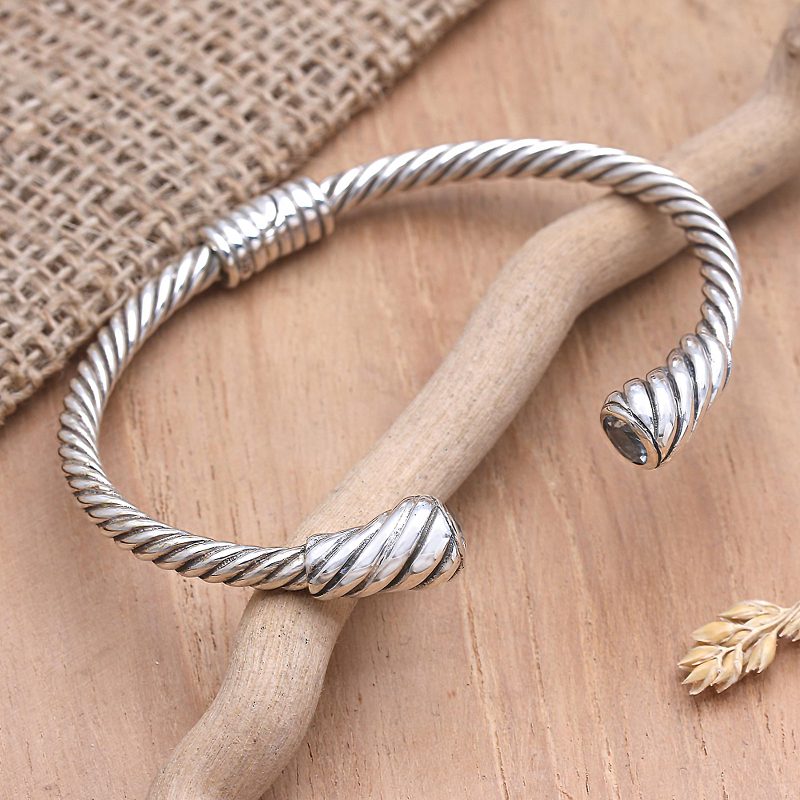 Twisted Sterling Silver Cuff Bracelet with Blue Topaz, "Precious Twist"