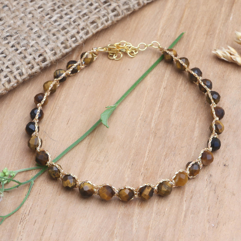 18k Gold-Accented Tiger's Eye Bracelet, "Brown and Gold"