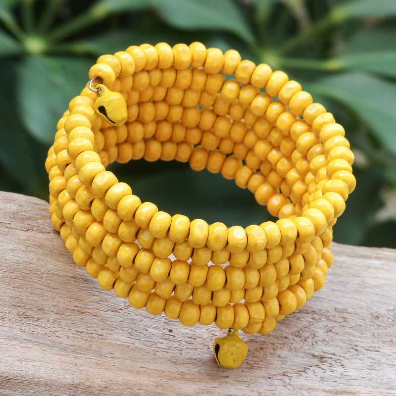 Yellow Beaded Wood Wrap Bracelet with Bells (1 In), "Sunshine Spin"