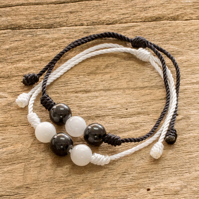 White and Black Cord Bracelets with Jade and Quartz (Pair), "Opposite Energies"