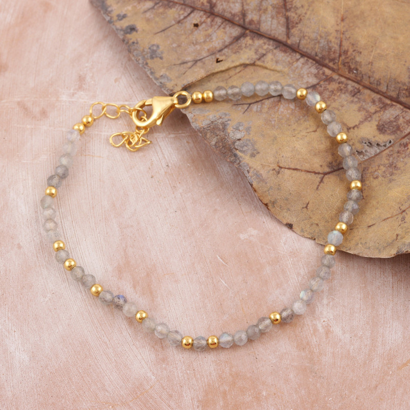 18k Gold-plated Labradorite Beaded Bracelet Crafted in India, "Evening Shimmer"