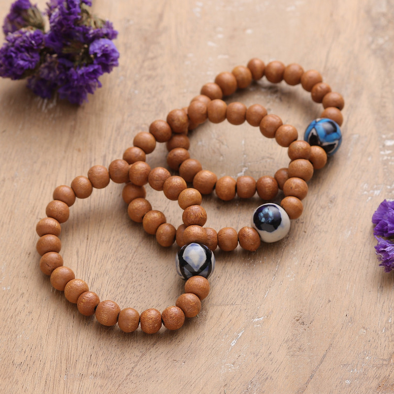 3 Painted Wood & Ceramic Beaded Stretch Pendant Bracelets, "United Orbs"