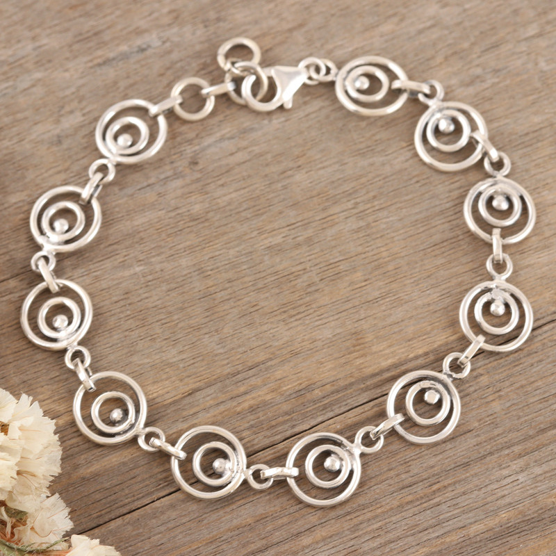 Unisex Sterling Silver Link Bracelet Handcrafted in India, "Spirals of Hope"