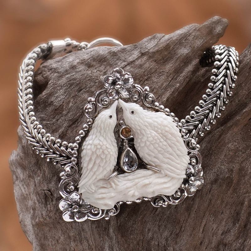 World Peace Dove Pendant Bracelet, Blue Topaz and Citrine, "Peace, Love and Affection"