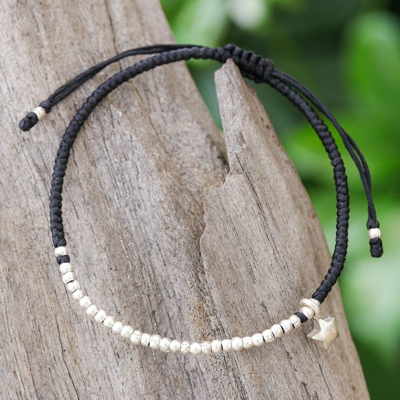 Thai Black Silver Beaded Bracelet with Star Charm, "Black Glowing Star"